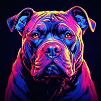 Illustration American Bully neon rim light purple portrait bulldog.