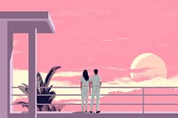 Illustration of a couple looking at the saturn down the balcony outdoors nature sky.