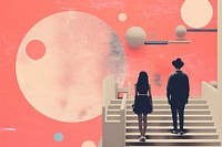 Illustration of a couple looking at the saturn down the balcony architecture walking adult.