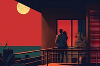 Illustration of a couple looking at the saturn down the balcony at night adult moon architecture.