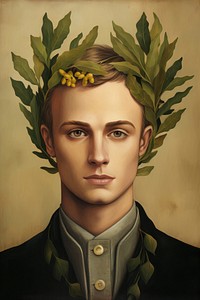 Man wears olive leaves as a crown painting art portrait.