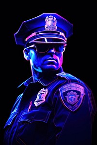 Illustration policeman performer Neon rim light portrait purple badge.