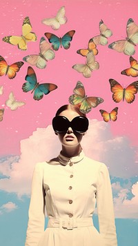Dreamy Retro Collages whit butterflys sunglasses portrait surreal.