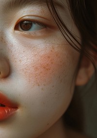 Minimal photo close up on face pores texture cheek skin hairstyle.