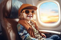 Happy kid sunglasses airplane portrait.