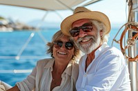 Happy couple on a boat for retirement travel yacht sunglasses portrait.