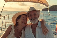 Happy couple on a boat for retirement travel yacht portrait vacation.