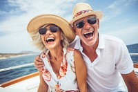 Happy couple on a boat for retirement travel laughing sunglasses portrait.
