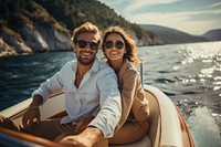 Young couple boat sunglasses outdoors.