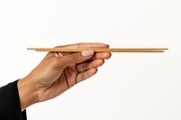 Hand using wood chopsticks white background holding finger.