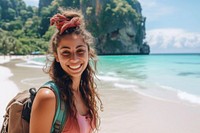 Qatari girl backpacker at thailand beach smile photo happy.