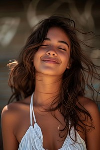 Latina Brazilian girl smile skin contemplation.