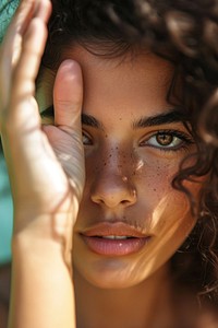 Latina Brazilian girl skin hand face.