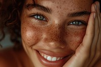 Latina Brazilian girl freckle skin smile.