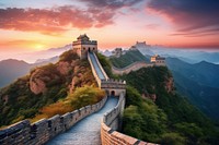 Great wall of china at sunrise travel fortification architecture.