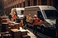 Delivery men loading carboard boxes in a van cardboard vehicle transportation.