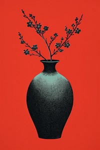 Silkscreen illustration of a vase art plant red.