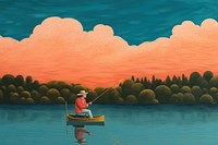 Man fishing on calm lake painting outdoors vehicle.