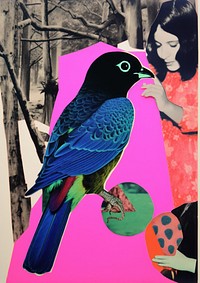 The bird on newapaper collage art painting.