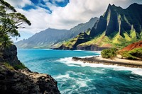 View of the idyllic Napali Coast of Kaui Island in Hawaii coast landscape coastline.