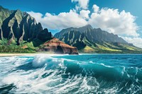 View of the idyllic Napali Coast of Kaui Island in Hawaii ocean coast landscape.