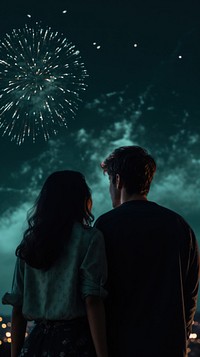 Couple fireworks outdoors kissing.