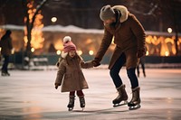 A little girl is skating on an ice rink footwear sports winter.