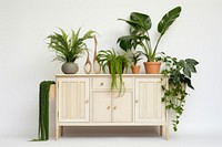 Houseplants furniture sideboard cabinet houseplant vase leaf. AI generated Image by rawpixel.