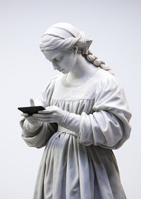 Sculpture of woman holding smart phone statue adult representation.