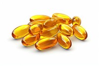 Clear fish oil capsules pill white background medication.