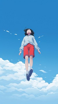  Japanese female character floating on blue sky anime exhilaration parachuting. AI generated Image by rawpixel.