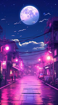  Pastel pink and purple and blue street in japan with moon aesthetic wallpaper architecture astronomy outdoors. AI generated Image by rawpixel.
