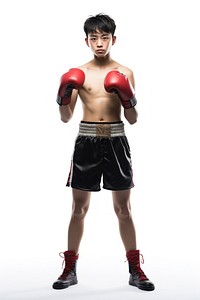 Man asian teenager boxer white background determination bodybuilding.