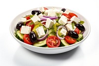 Salad with fresh vegetables olives tomatoes red onion greek cheese feta and olive oil salad plate food.