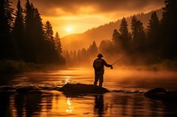 Young man flyfishing at sunrise outdoors nature adult.