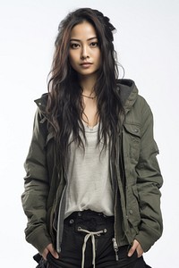 An Asian woman wearing grunge style clothes portrait jacket adult.