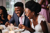 Black people wedding laughing adult bride.