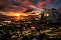 Sunset Scene of Moss cover on volcanic landscape van outdoors vehicle.