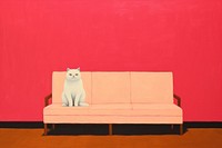  Art painting an illustration of one white cat standing alone on brown sofa furniture mammal animal. AI generated Image by rawpixel.