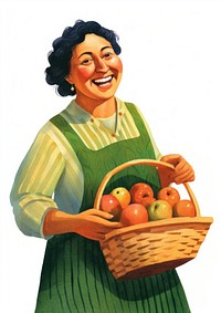 A woman in green apron holding fruit basket laughing painting portrait adult.