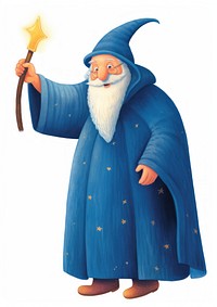 A wizard in blue robe holding a magic wand adult white background standing.