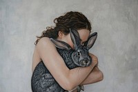 A woman hugging a rabbit painting animal mammal.