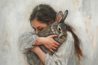 A woman hugging a rabbit painting animal mammal.