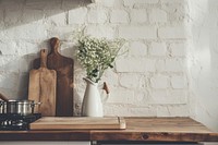 Kitchen room furniture flower table.