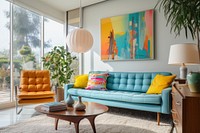 Mid century modern living room furniture architecture painting. 