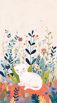Cat in the garden painting pattern drawing.