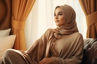 Sitting hijab adult woman.
