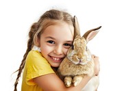 A farm girl hugging a rabbit portrait animal mammal.