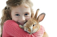A farm girl hugging a rabbit portrait mammal animal.