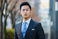 Asian man pinstripe suit adult tie architecture.